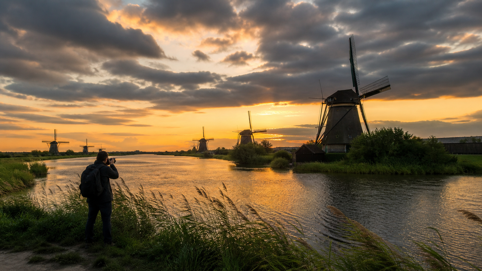Fotograaf bij Nederlandse molens tijdens zonsondergang