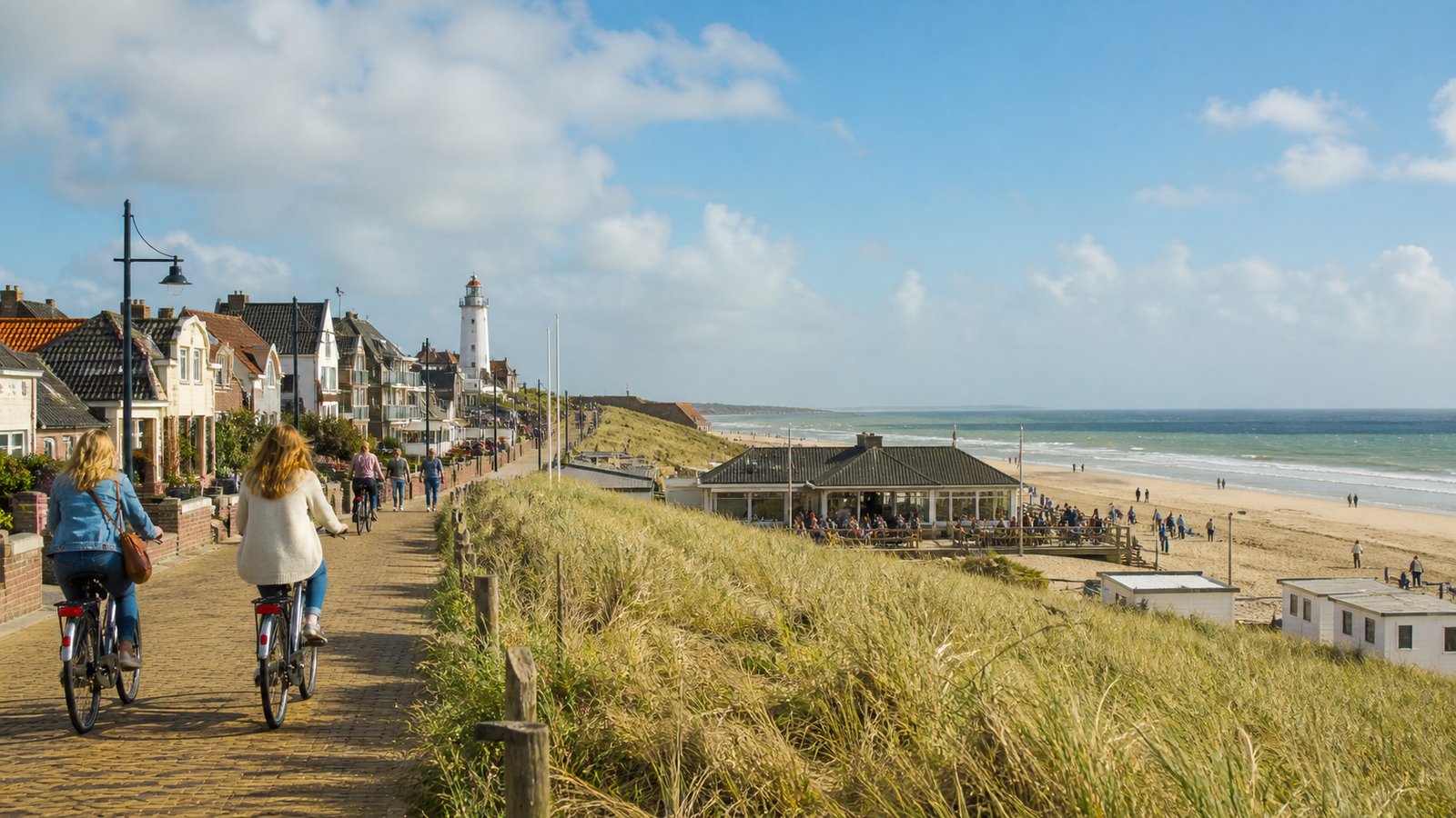 Nederlandse kustplaats met duinen, fietsen en strand