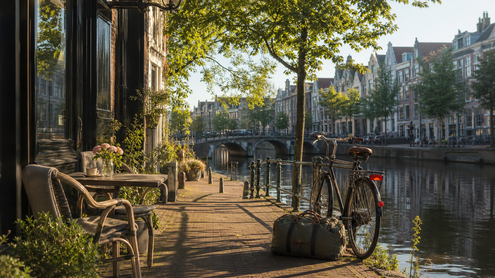 Fiets en reistas aan een Nederlandse gracht tijdens een mini-vakantie