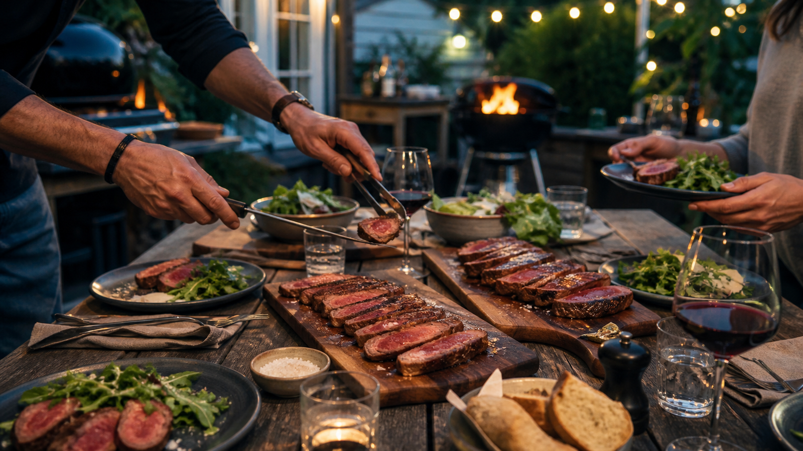 Steakproeverij met vrienden aan een lange buitentafel