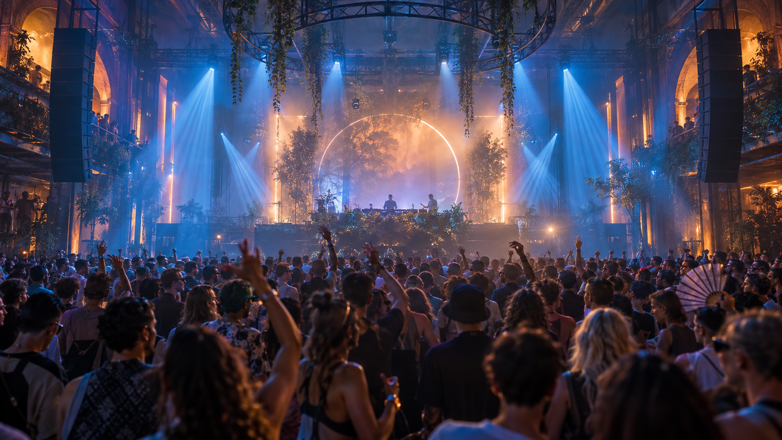 Publiek beleeft een elektronisch muziekoptreden in een sfeervolle Amsterdamse zaal