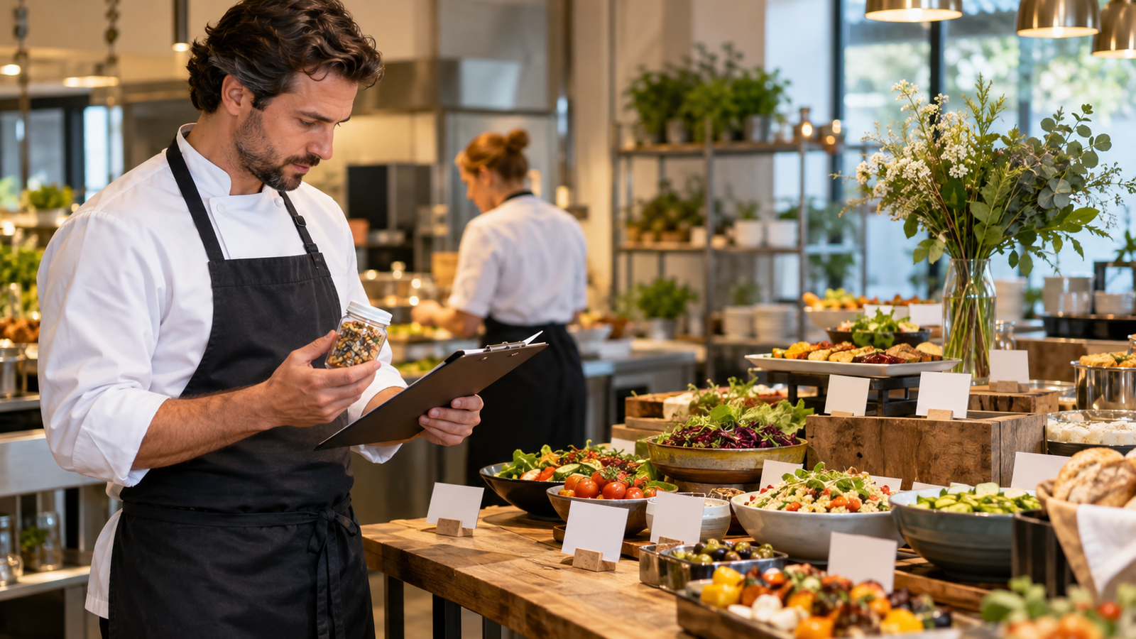 Chef controleert ingrediënten en allergeneninformatie bij een evenementenbuffet