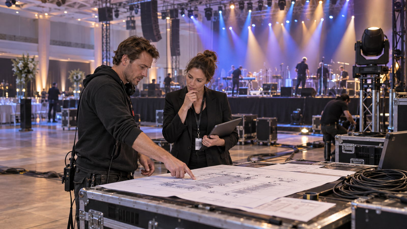 Audiovisueel technicus bespreekt een podiumplan met een evenementenorganisator