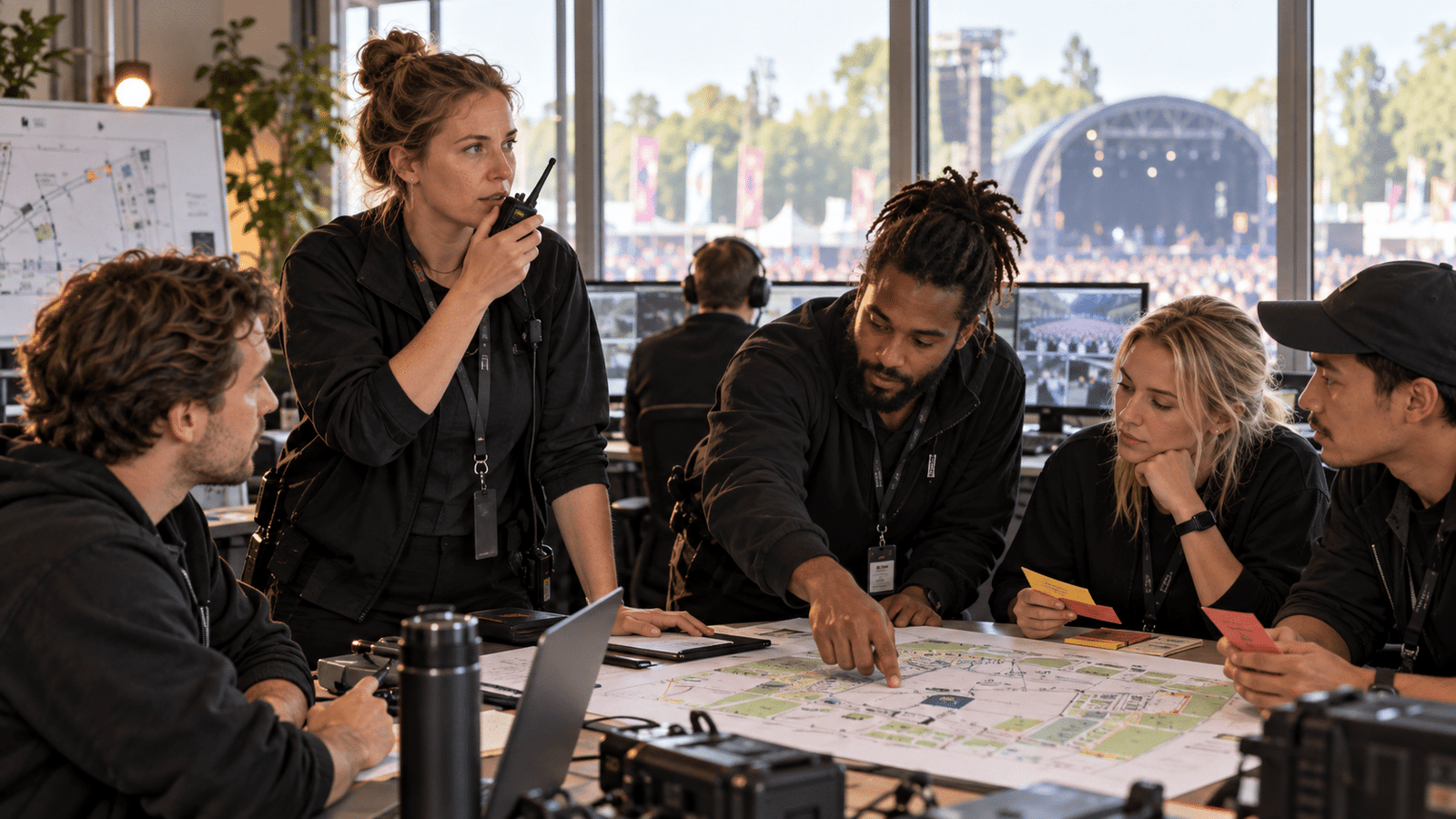 Eventteam oefent crisiscommunicatie met portofoon en plattegrond in een meldkamer