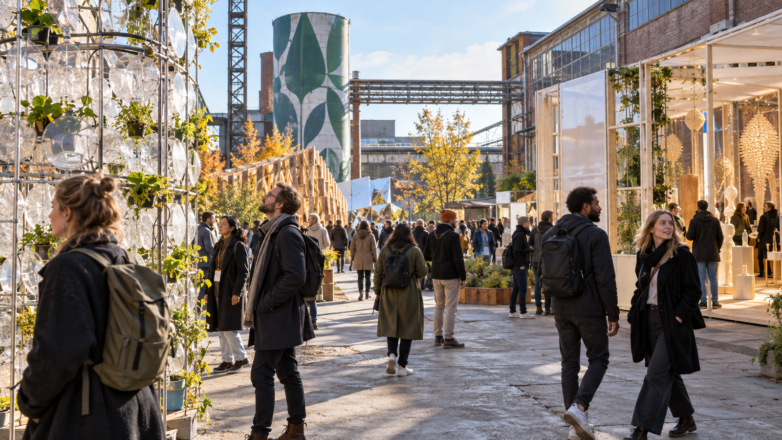Bezoekers ontdekken experimentele ontwerpen op een industrieel festivalterrein in Eindhoven