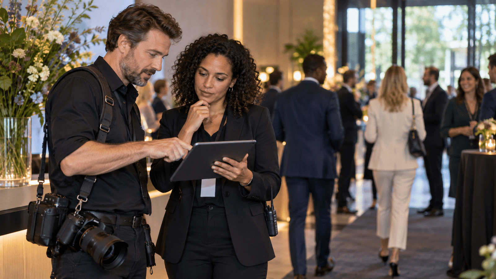 Eventfotograaf bespreekt een shotlist op een tablet met de organisator