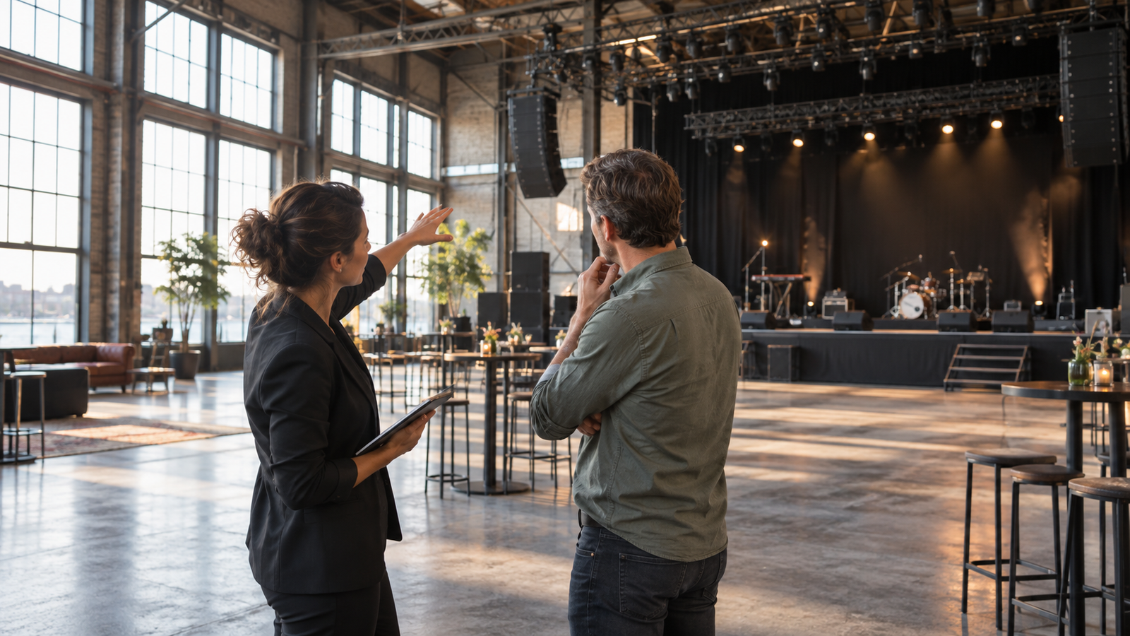 Organisator en locatiebeheerder inspecteren zichtlijnen in een industriële evenementenhal