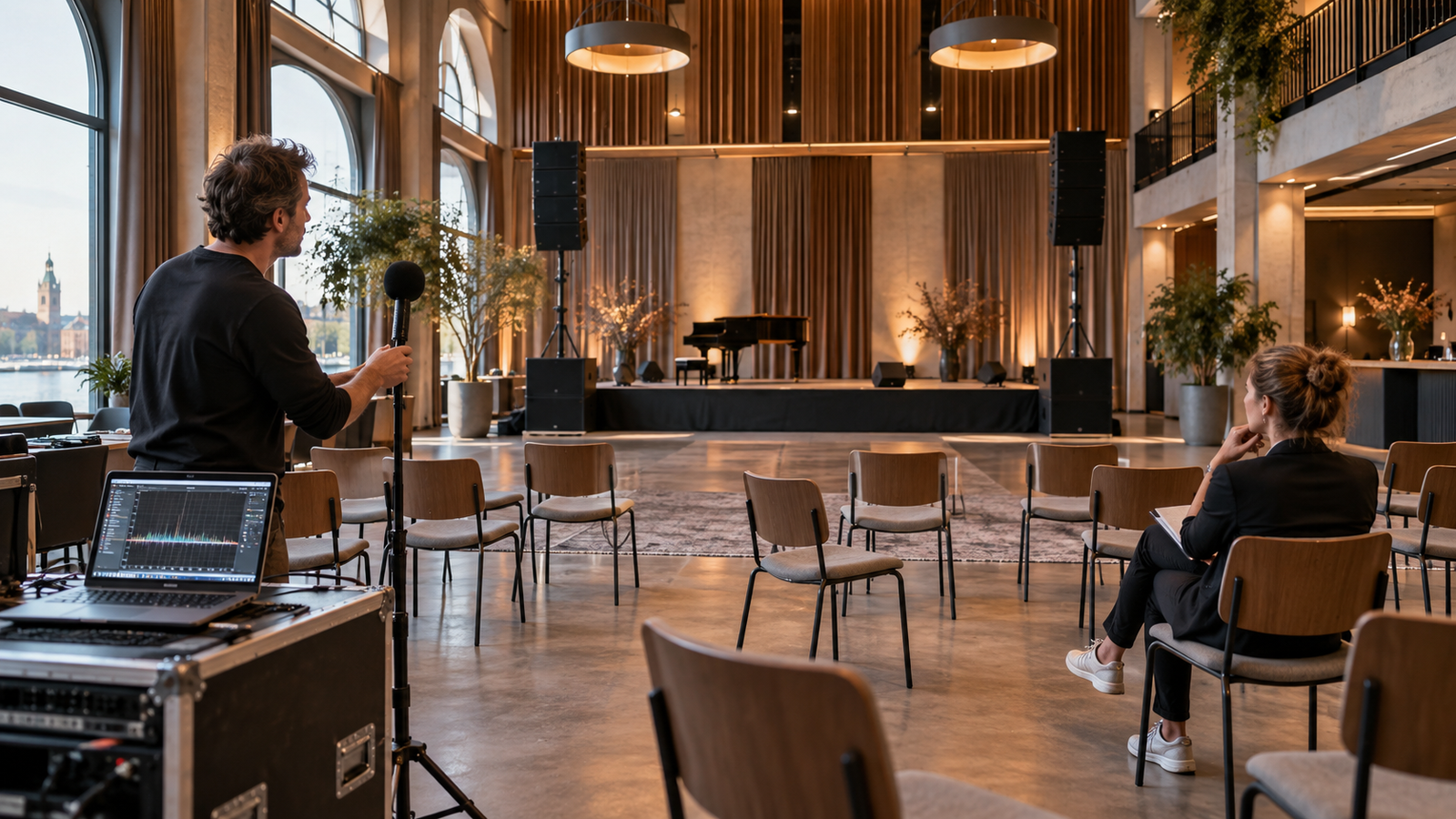 Geluidstechnicus en organisator testen de akoestiek van een lege eventzaal