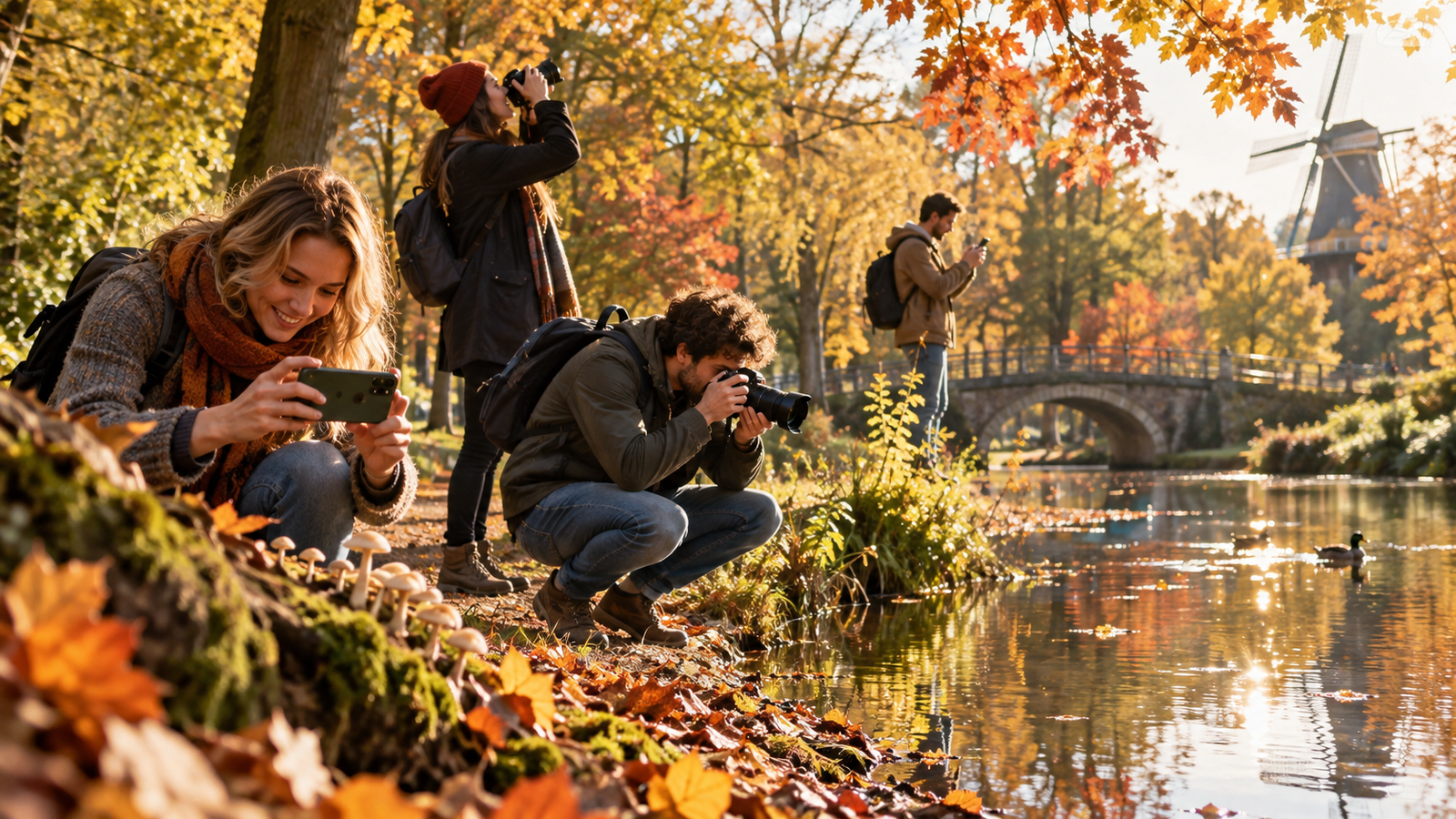 Vrienden fotograferen herfstbladeren en reflecties tijdens een creatieve uitdaging
