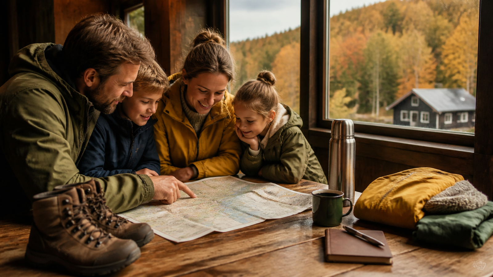 Gezin plant een herfstvakantie met kaart en wandelspullen in een boshuisje