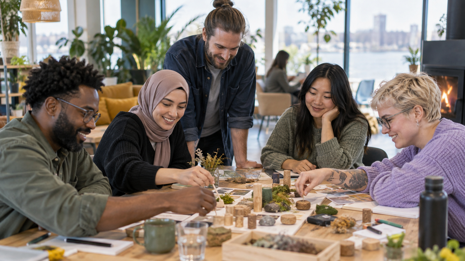 Divers team werkt ontspannen samen aan een creatieve tafelopdracht