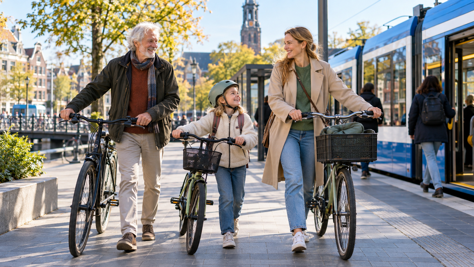 Drie generaties reizen met fietsen en openbaar vervoer door een Nederlandse stad