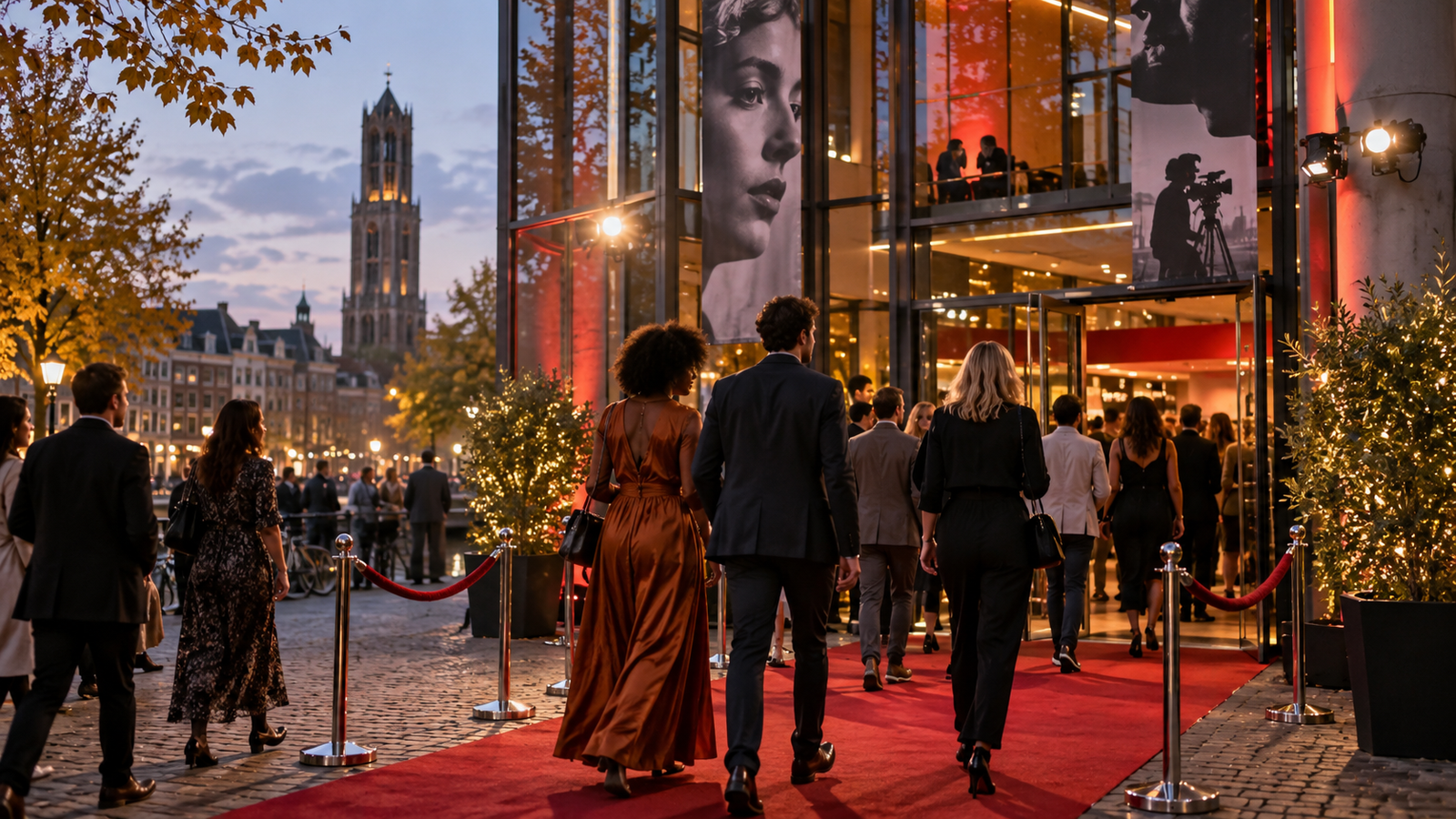 Bezoekers arriveren bij een filmfestival in de Utrechtse binnenstad
