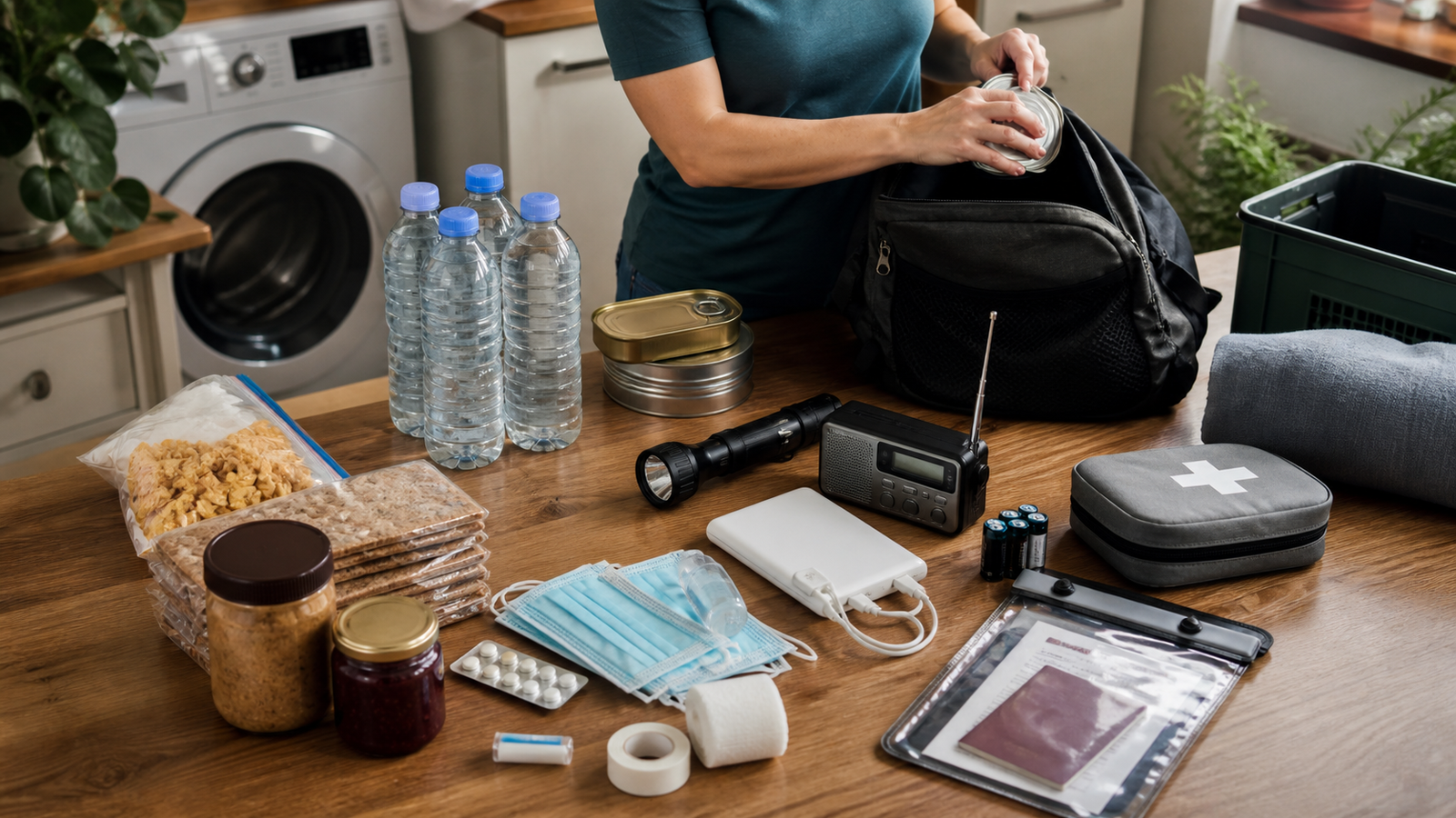 Water, radio, zaklamp, eten en EHBO-spullen voor een noodpakket van 72 uur