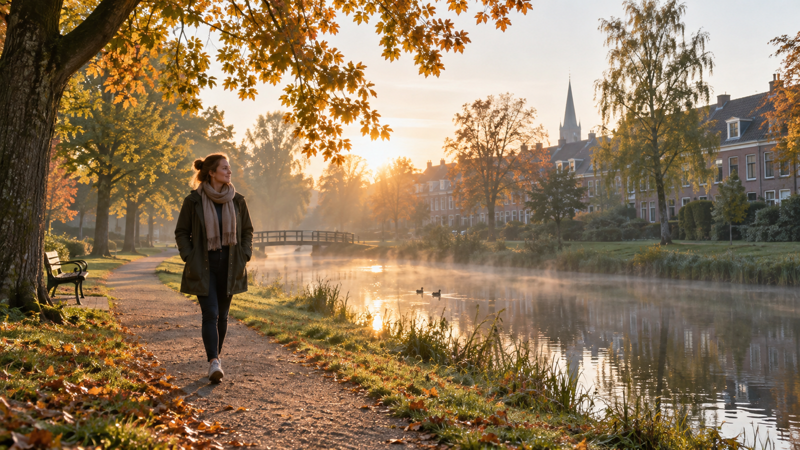 Persoon maakt een rustige ochtendwandeling in zacht herfstlicht