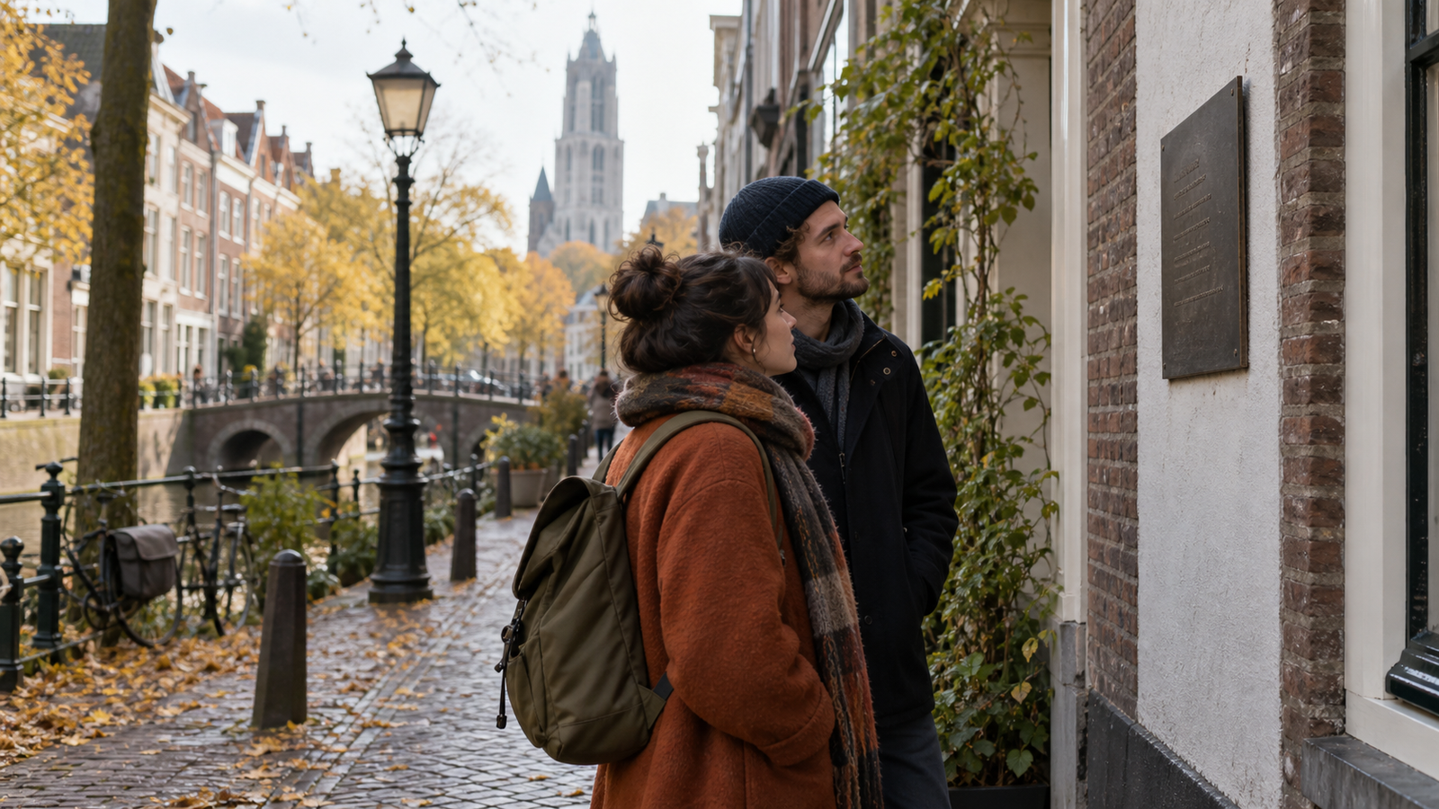 Wandelaars bekijken een gedichtplaquette in een historische Nederlandse stad