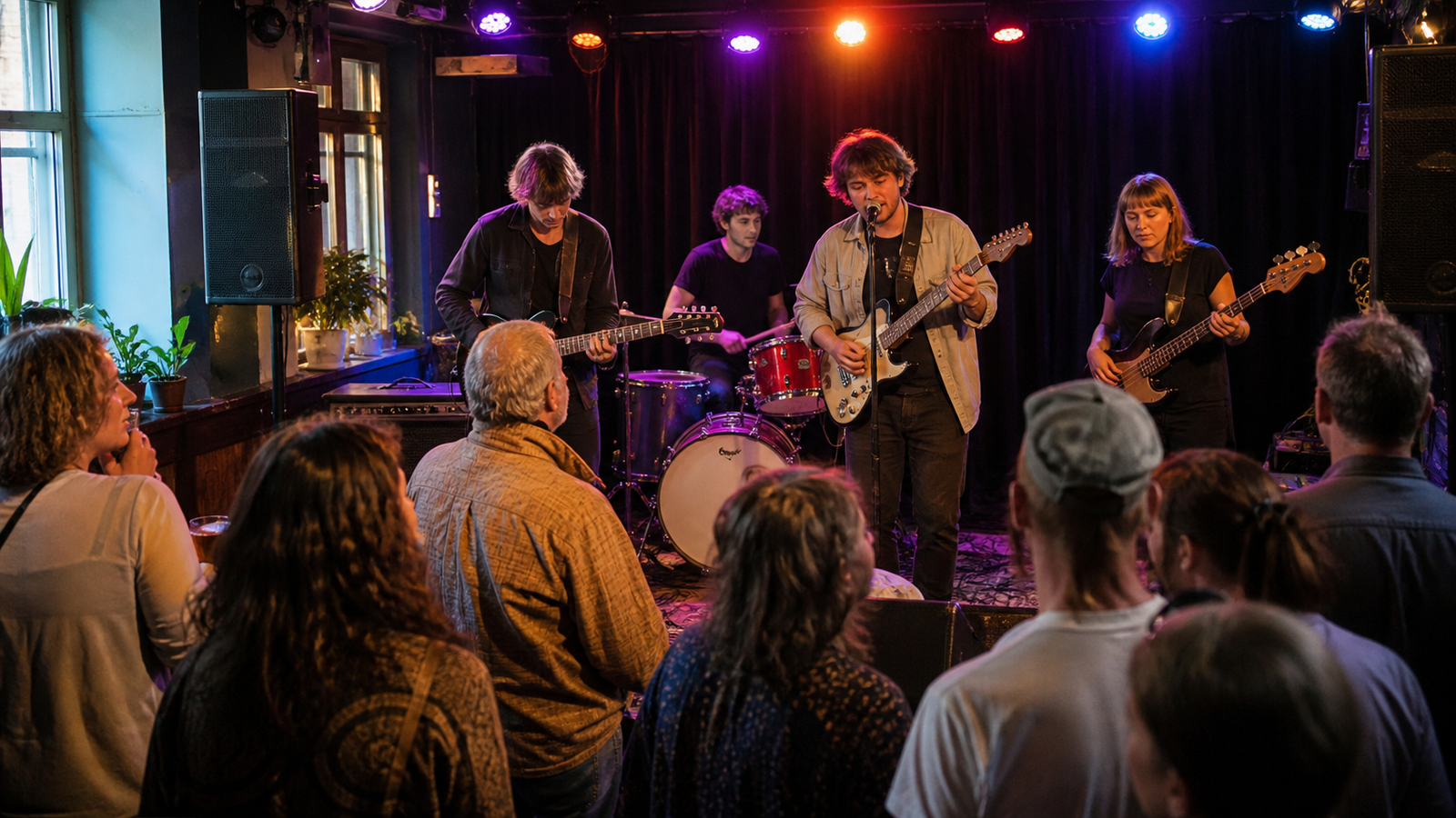 Nieuwe band speelt voor publiek op een klein podium in een Nederlandse stad