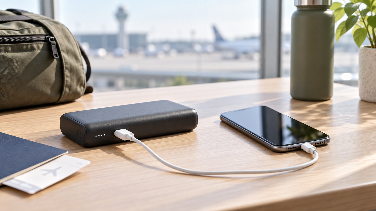 Ongebrande powerbank laadt een telefoon op een nette reistafel