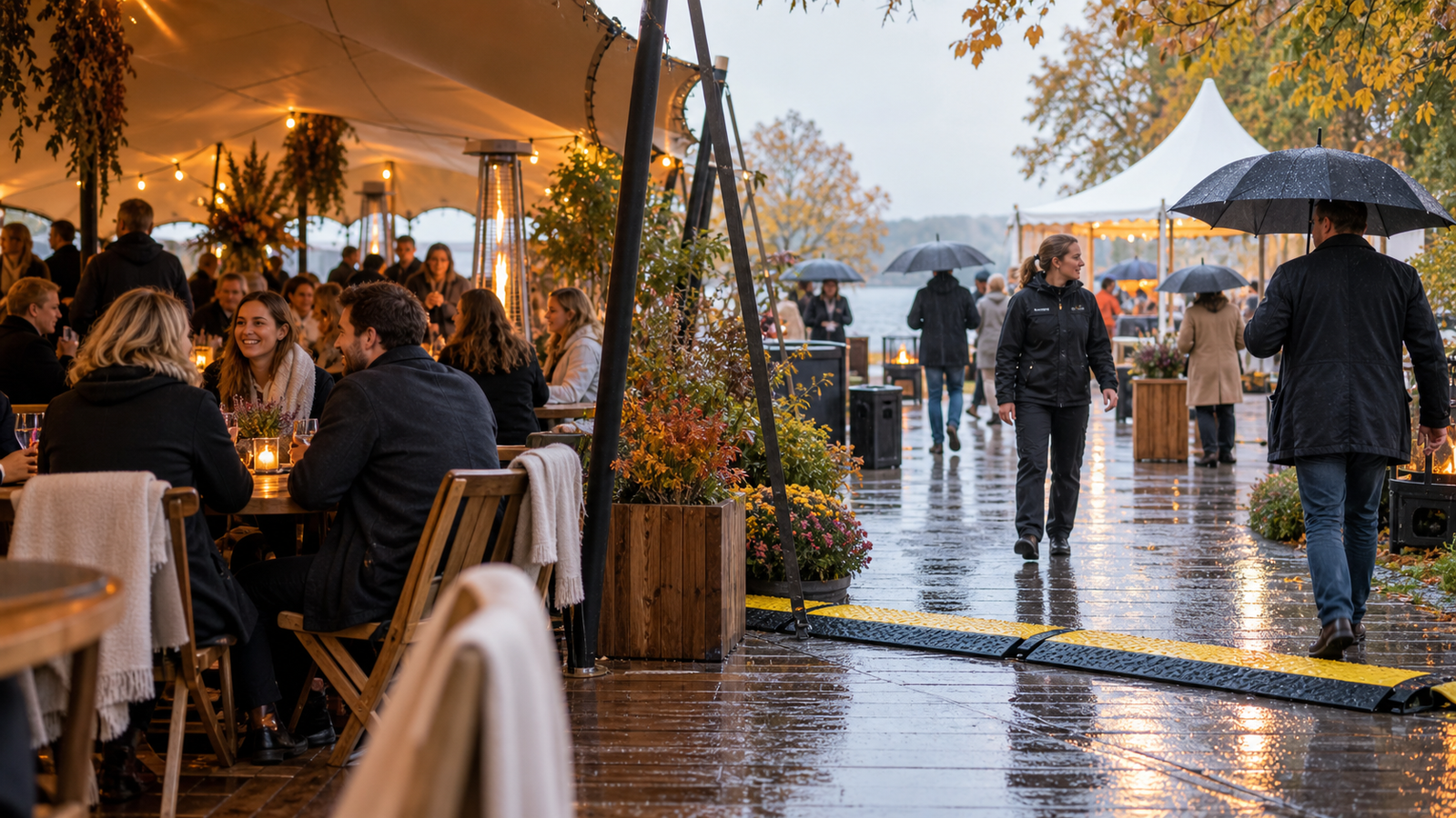Buitenevenement gaat veilig door met overkappingen tijdens lichte herfstregen