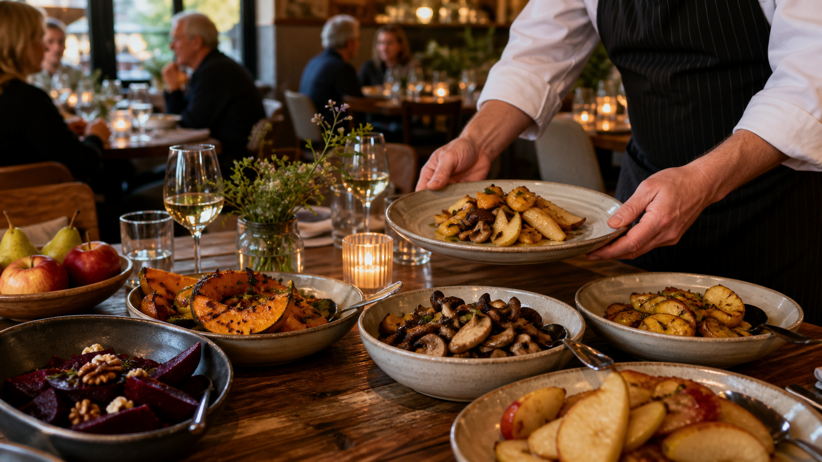 Restauranttafel met gerechten van pompoen, biet, paddenstoelen, appel en peer