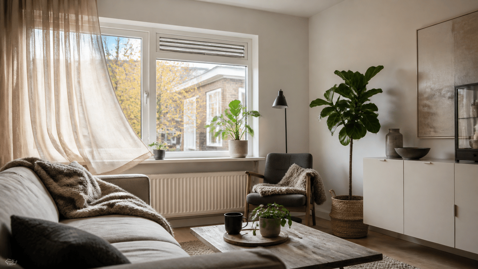Comfortabele woonkamer met ventilatierooster en frisse herfstdag buiten