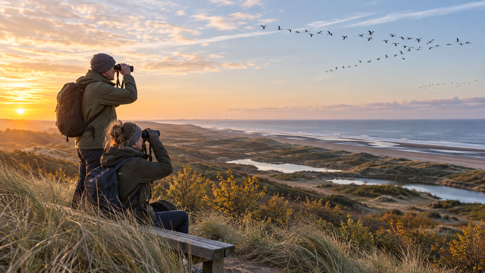 Vogelaars bekijken overvliegende groepen vogels vanaf een Nederlandse kustduin