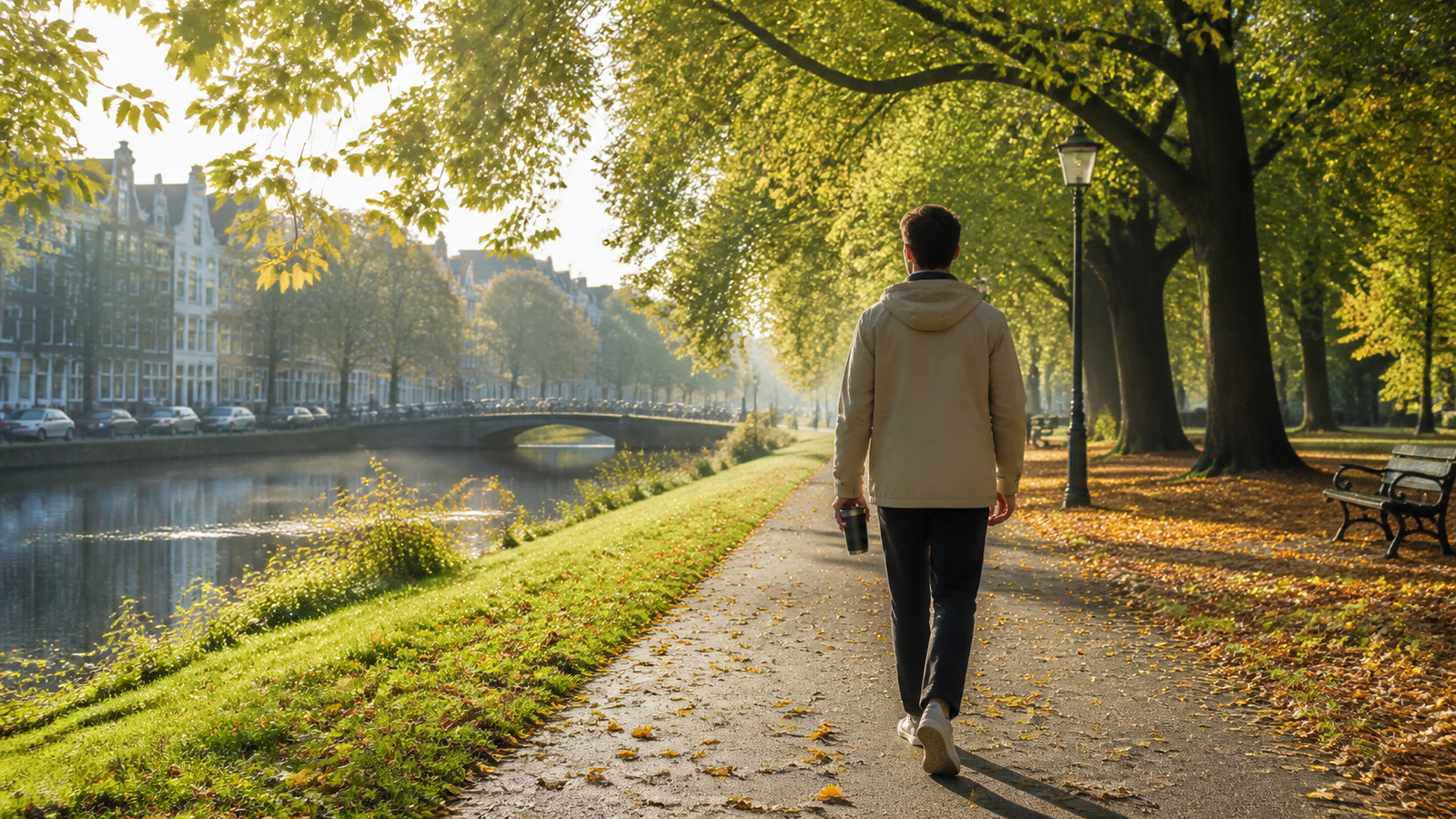 Rustige ochtendwandeling in een Nederlands stadspark aan het begin van de herfst