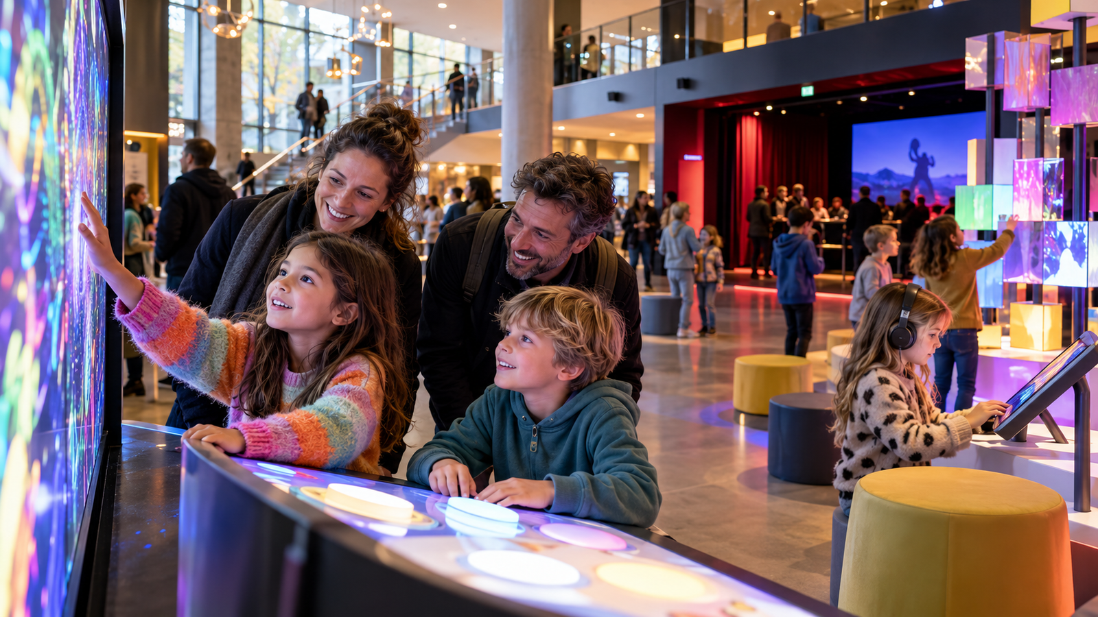 Gezinnen ontdekken interactieve media-installaties tijdens een kinderfilmfestival