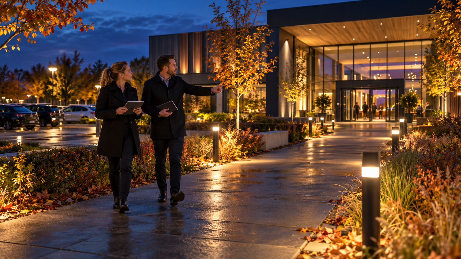 Organisatoren controleren na zonsondergang de verlichte route naar een eventlocatie