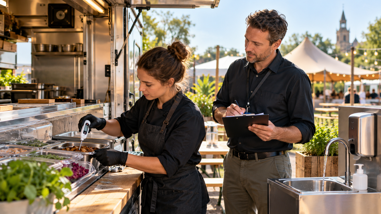 Foodtruckmedewerker en organisator controleren temperatuur en hygiëne voor opening