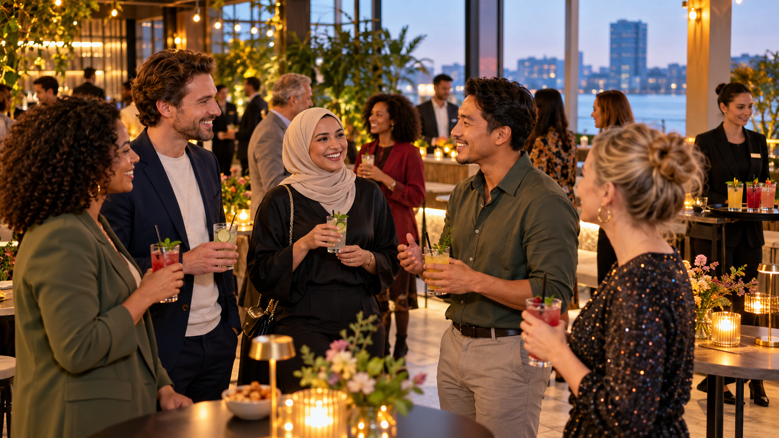 Divers gezelschap praat ontspannen tijdens een verzorgd en inclusief bedrijfsfeest