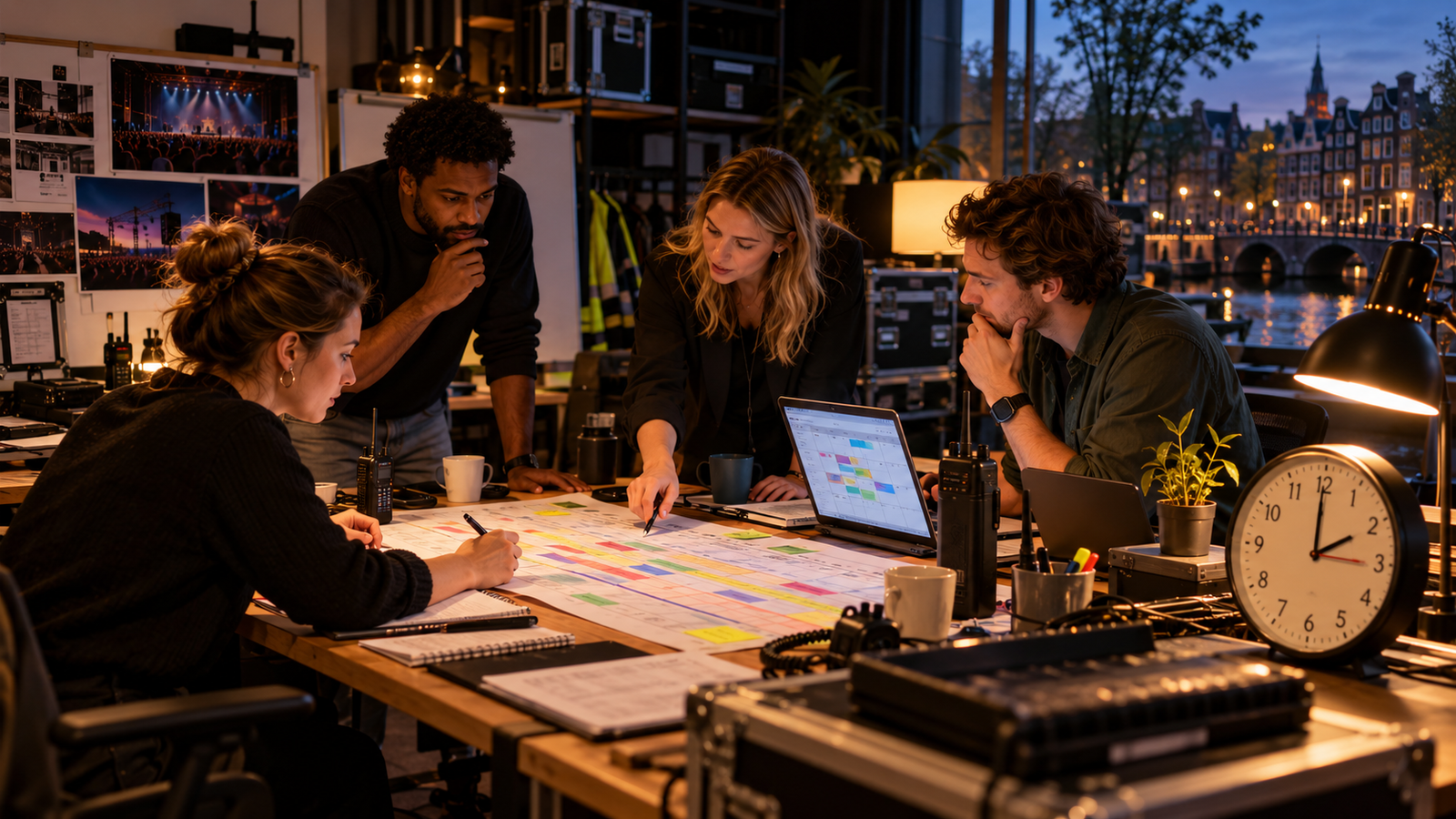 Eventteam controleert een draaiboek en planning naast een analoge klok